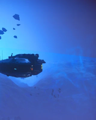 The same little space doodad flies very much below the surface of a gas giant, a hazy electric-blue storm of lightning and rocks.