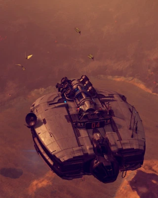 The little space doodad is parked just above the surface of a planet with visible water, vegetation and misty hills below. Winged somethings have come over to play.