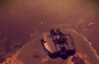 The little space doodad is parked just above the surface of a planet with visible water, vegetation and misty hills below. Winged somethings have come over to play.