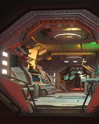 A shot from just outside the space doodad looking through to the cockpit, showing a very ’79-era-Alien aesthetic interior with industrial white walls and blinking lights.