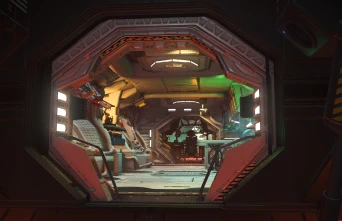 A shot from just outside the space doodad looking through to the cockpit, showing a very ’79-era-Alien aesthetic interior with industrial white walls and blinking lights.