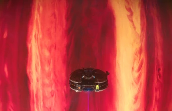 A little space doodad flies far above the surface of a gas giant, over dramatic rivers of red and brown clouds.