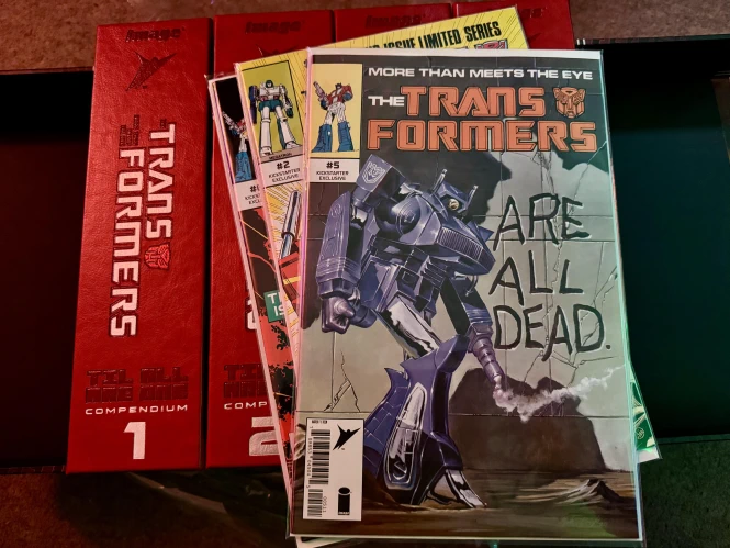 Four absurdly massive hardback compendium volumes of the eighties Transformer comic run, across Marvel US and Marvel UK, with three Kickstarter-exclusive individual comic reprints (sleeved).