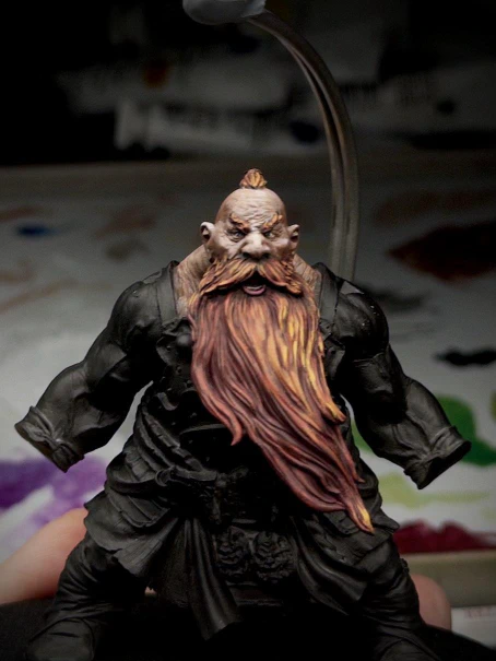 A little red-to-orange pass across the main beard strands, most orange on the upwards-facing portions. The whole beard will probably need to get a lot brighter before we’re done.