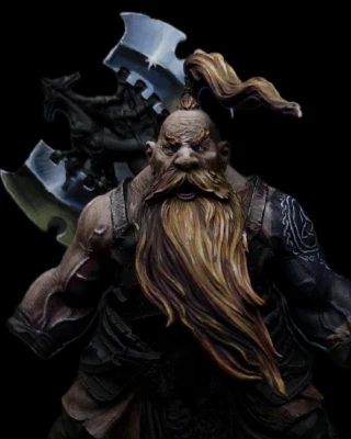 The background has been cropped out of this frontal shot of the mini so that I can see the values a bit more clearly (without the insane mess of wet palette and discarded paints which normally add a good degree of visual noise). A lower set of highlights have been added to the axe blades, green used to imply the sky/ground reflected light distinction.
