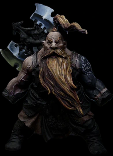 The background has been cropped out of this frontal shot of the mini so that I can see the values a bit more clearly (without the insane mess of wet palette and discarded paints which normally add a good degree of visual noise). A lower set of highlights have been added to the axe blades, green used to imply the sky/ground reflected light distinction.