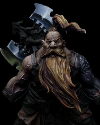 The background has been cropped out of this frontal shot of the mini so that I can see the values a bit more clearly (without the insane mess of wet palette and discarded paints which normally add a good degree of visual noise). A lower set of highlights have been added to the axe blades, green used to imply the sky/ground reflected light distinction.