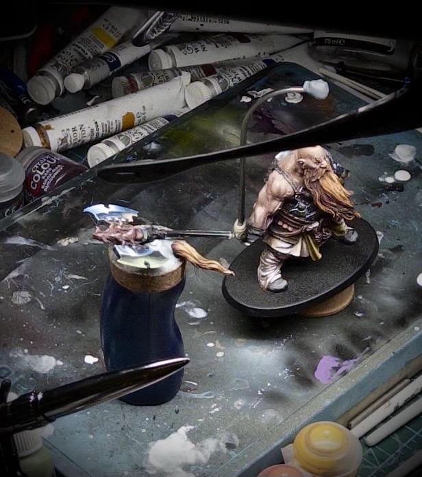 One painting handle for the dwarf, one for the axe and top-knot, that’s always been my motto. They said I was _mad_, but who’s laughing now?

The pile of background paints is accreting, fast becoming an entity with its opinions on the matter.